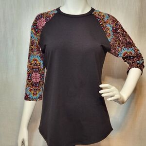 Lularoe Randy Shirt Solid Black Colorful Sleeves Medium